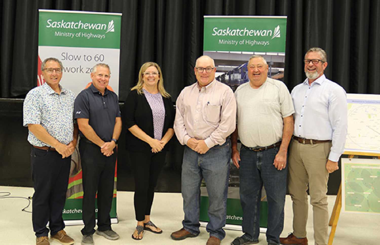 From left, Jeff St. Onge with the airport expansion committee, Tyler Thorn with the Community Builders Alliance, Saskatchewan Highways Minister Lori Carr, RM of Moosomin Reeve David Moffatt, Moosomin Mayor Larry Tomlinson, and Dr. Schalk van der Merwe with the airport expansion committee at the celebration of the completion of the new runway.